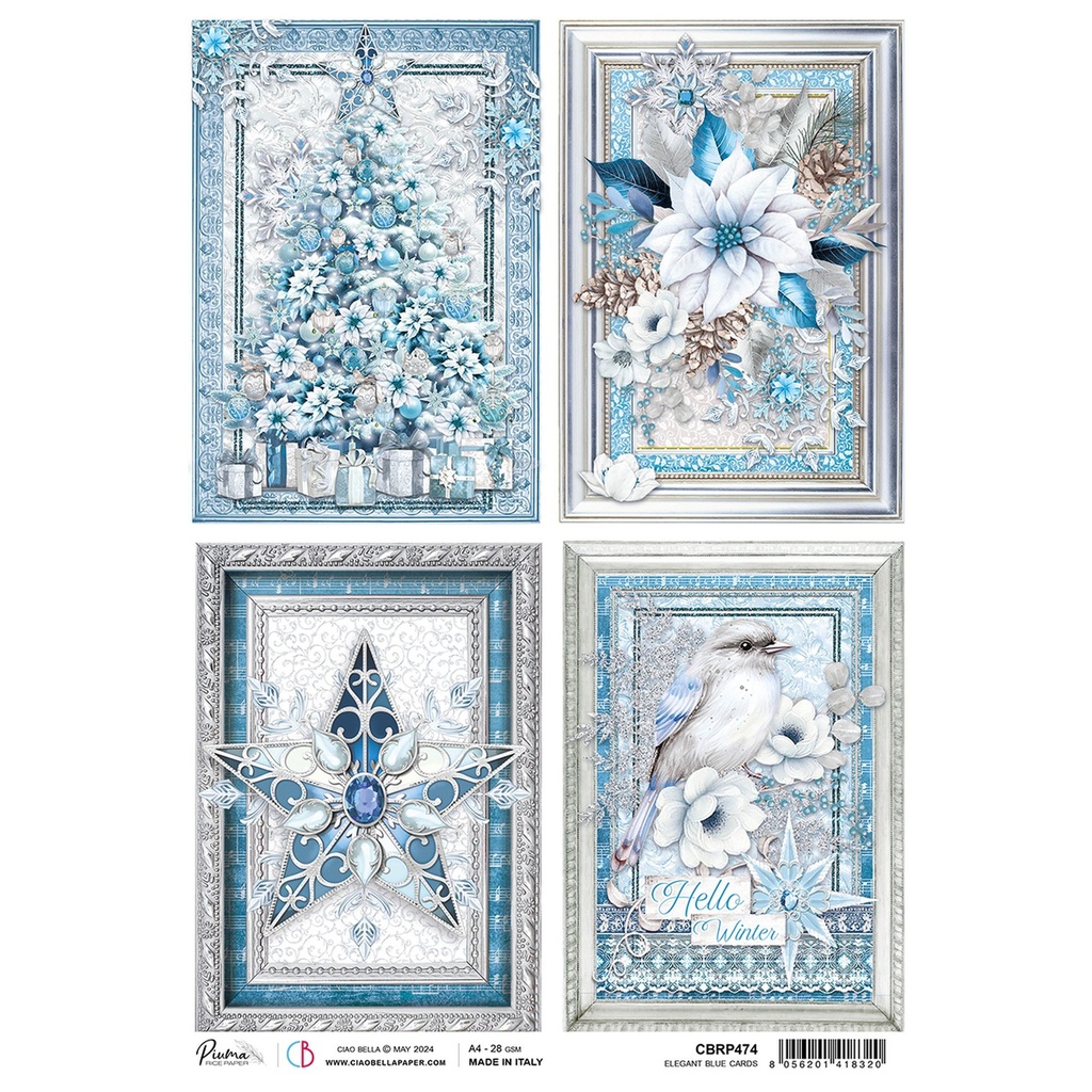 Elegant Blue Cards - Ciao Bella Piuma Rice Paper A4 - Single Sheet