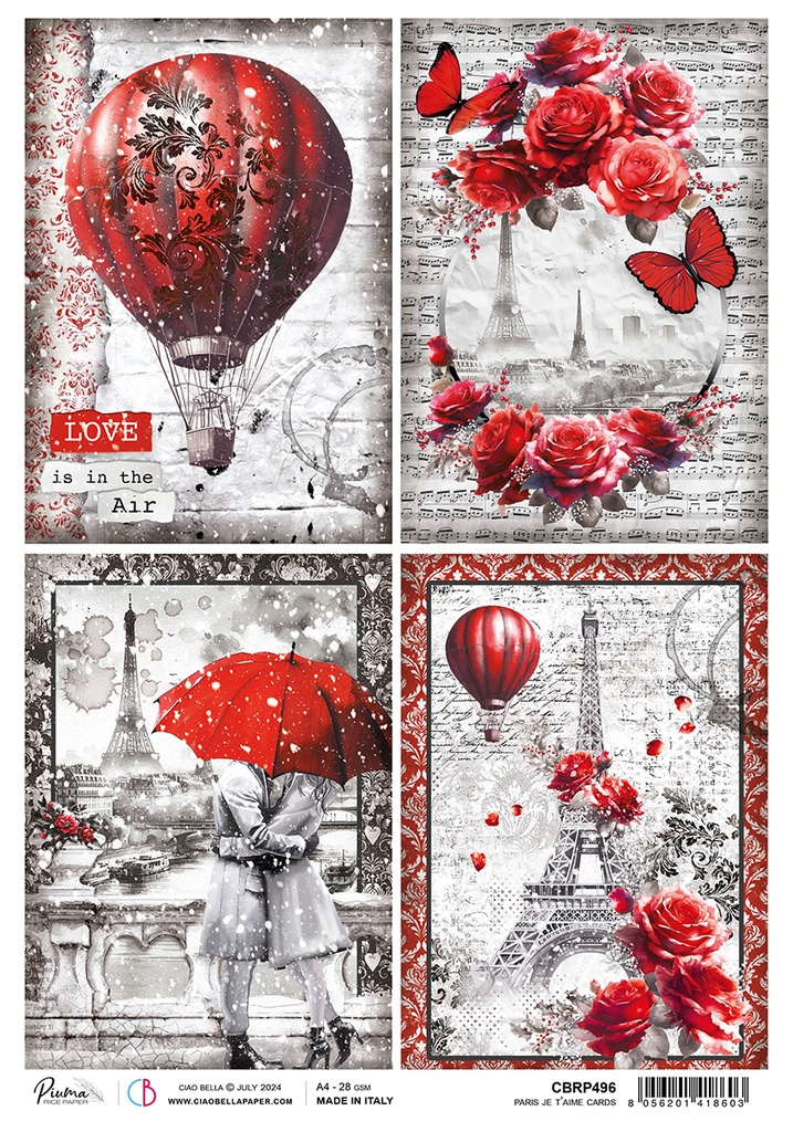 Rice Paper A4 Paris Je t’aime cards (5 sheets)