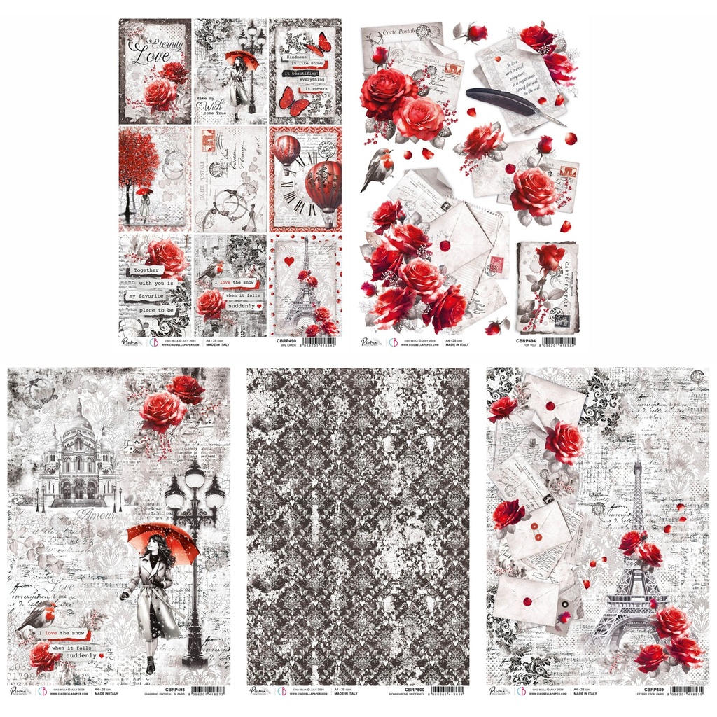 Ciao Bella Paris Je t'aime A4 Rice Papers - 5 Designs, 5 Sheets - Set 1