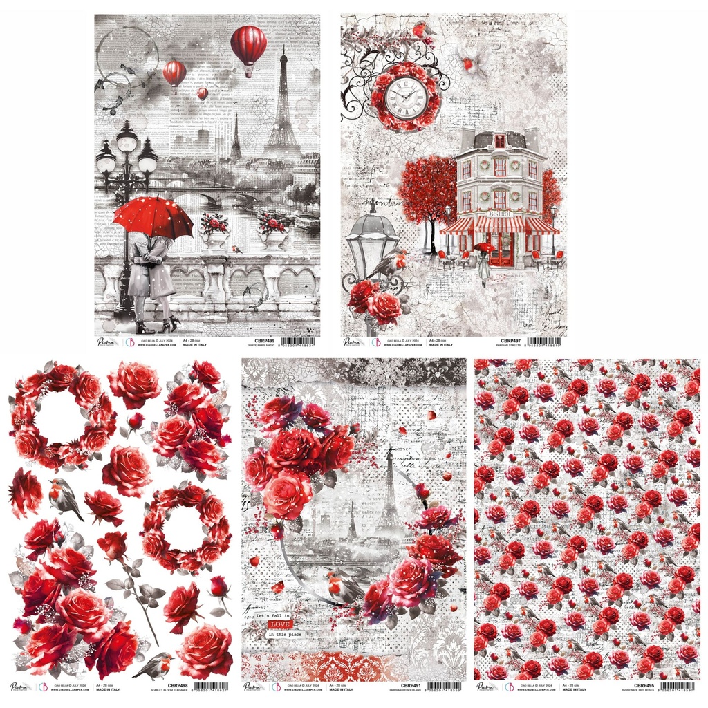 Ciao Bella Paris Je t'aime A4 Rice Papers - 5 Designs, 5 Sheets - Set 2