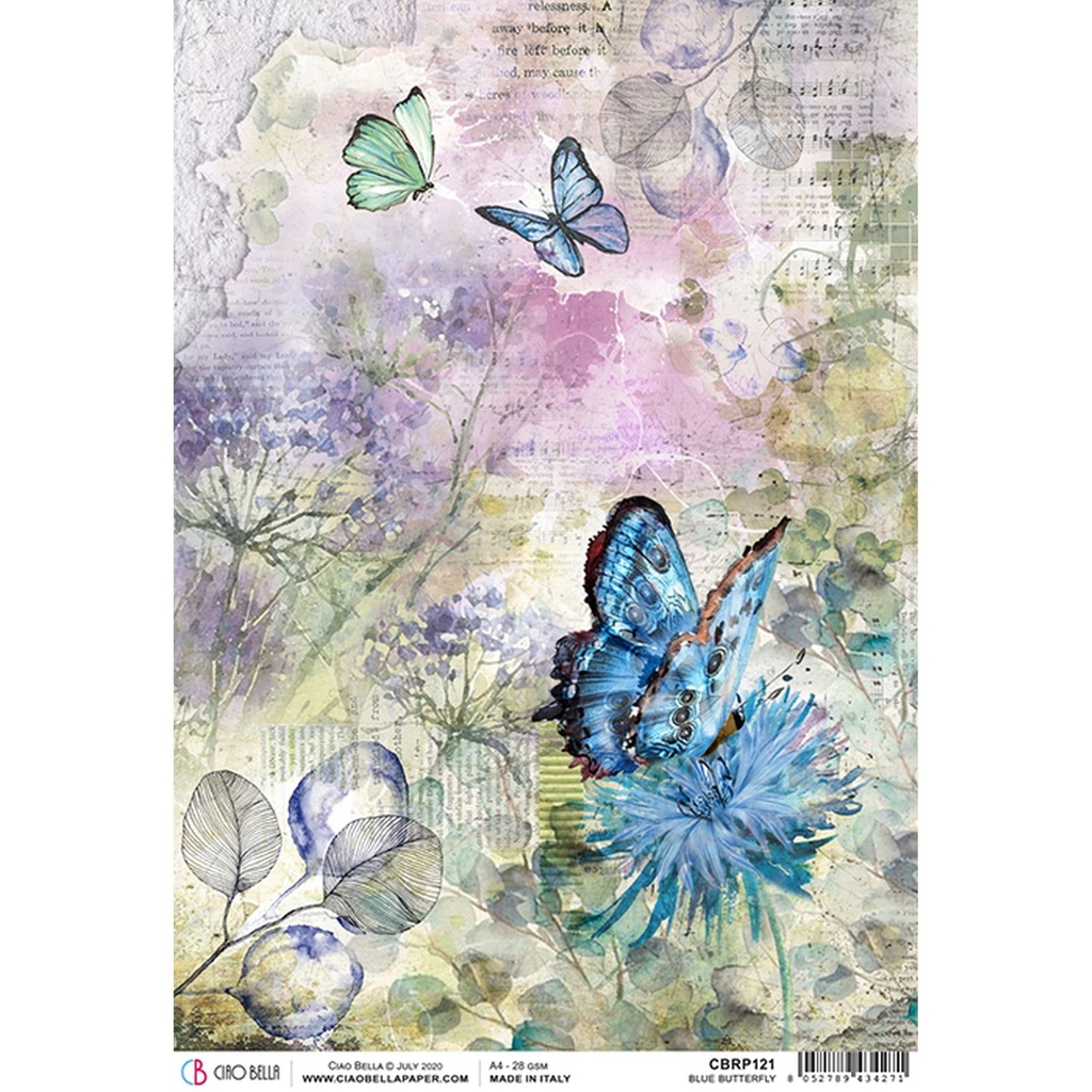 Blue Butterfly  - Ciao Bella Piuma Rice Paper A4 - 5 Pack