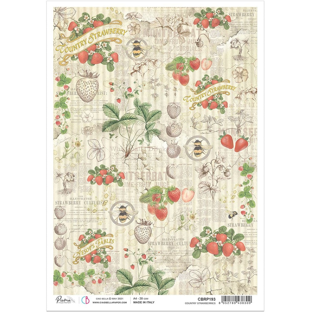 Country Strawberries - Ciao Bella Piuma Rice Paper A4 - 5 Pack