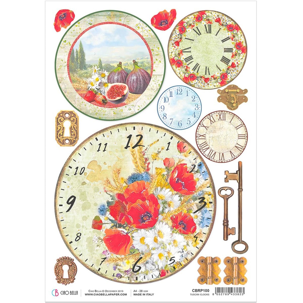 Tuscan Clocks  - Ciao Bella Piuma Rice Paper A4 - Single Sheet