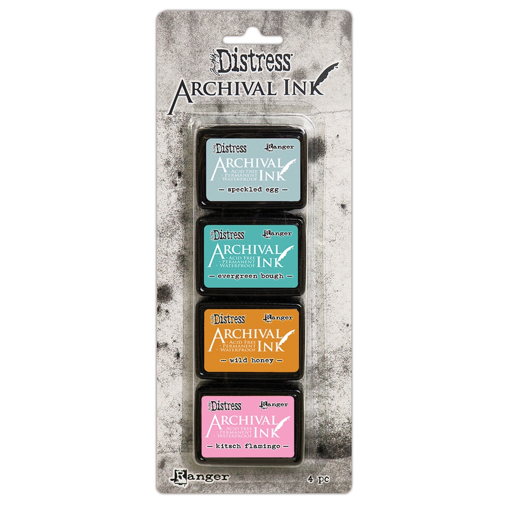 Distress Archival Mini Ink Kit 4 - Speckled Egg/Evergreen Bough/Wild Honey/Kitsch Flamingo