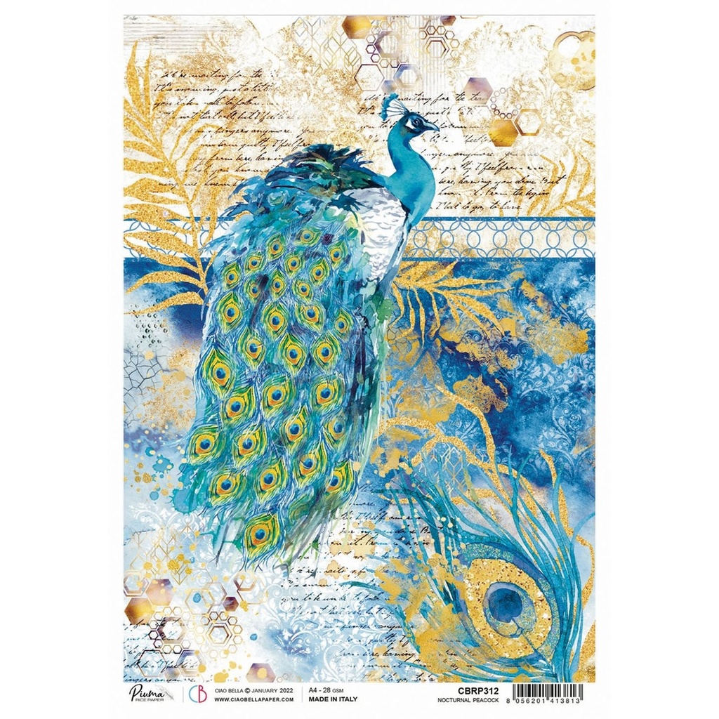 Nocturnal Peacock Indigo - Ciao Bella Piuma Rice Paper A4 - Single Sheet