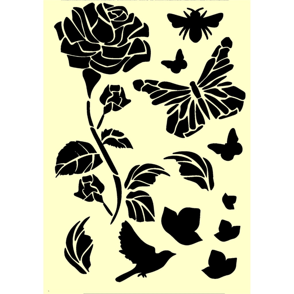 Personal Impressions Mylar Stencil - A5 - Rose, Butterfly & Birds